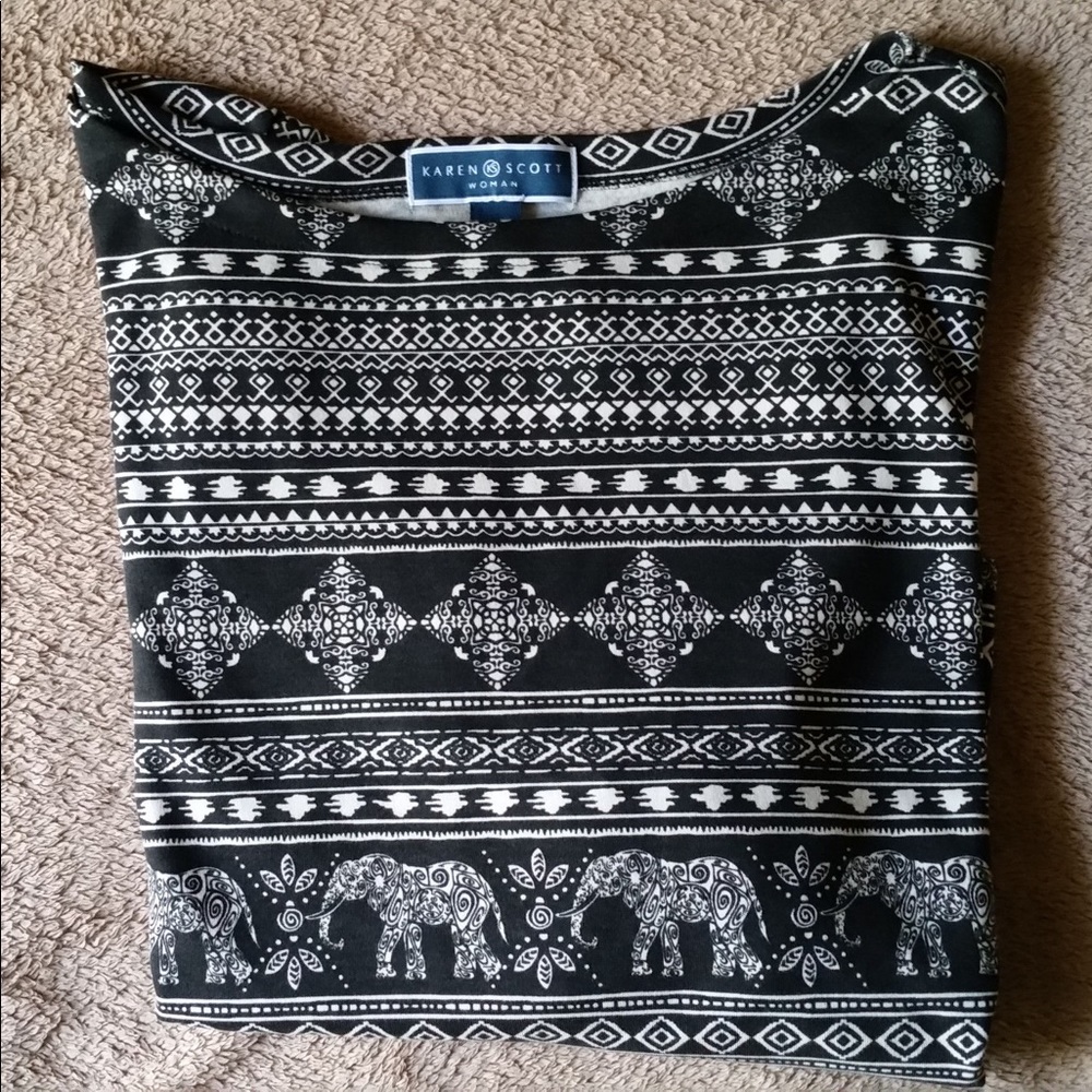 Karen Scott black ivory elephant print top